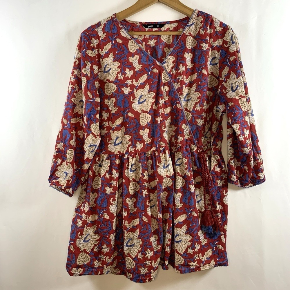 Womens Boho Floral Tunic Top Sz L Resort Travel Lightweight Cotton Tassle Tie